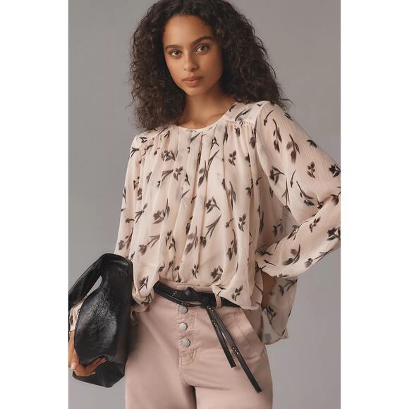 Anthropologie Maeve Women's Pink Pleated Peasant Blouse XS Semi Sheer - Picture 1 of 9